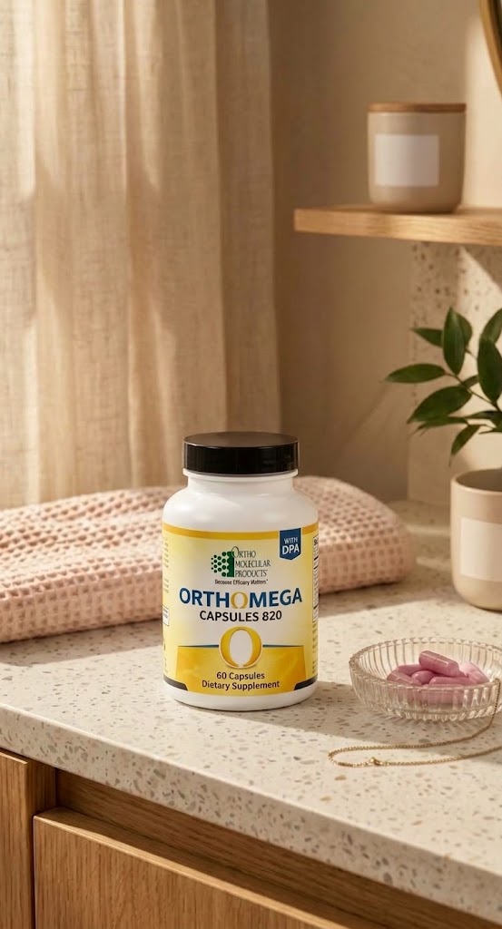 OrthoOmega 820 bottle with yellow label on a warm stone countertop