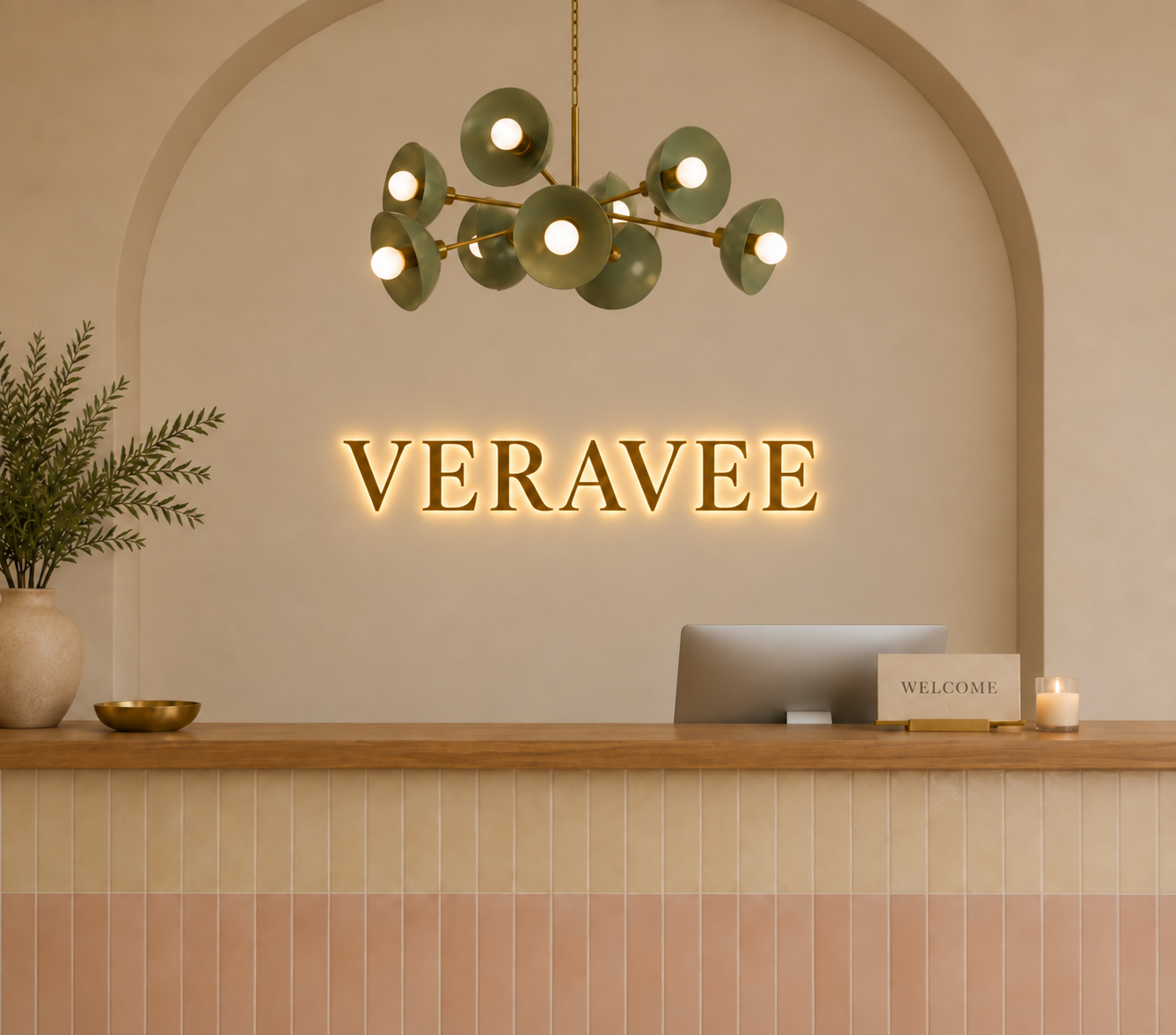 VERAVEE clinic reception with a glowing sign above the front desk