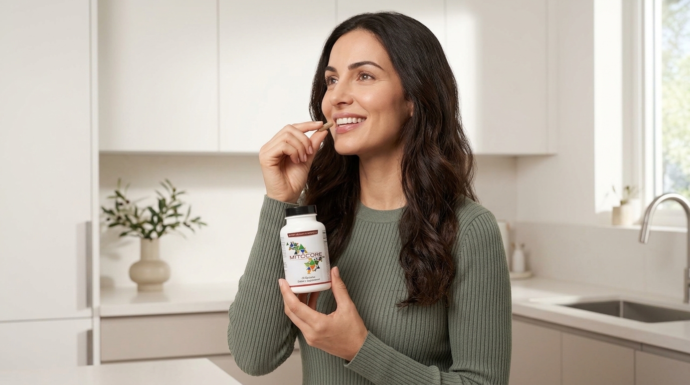 Woman in her forties taking a MitoCORE capsule in a bright kitchen