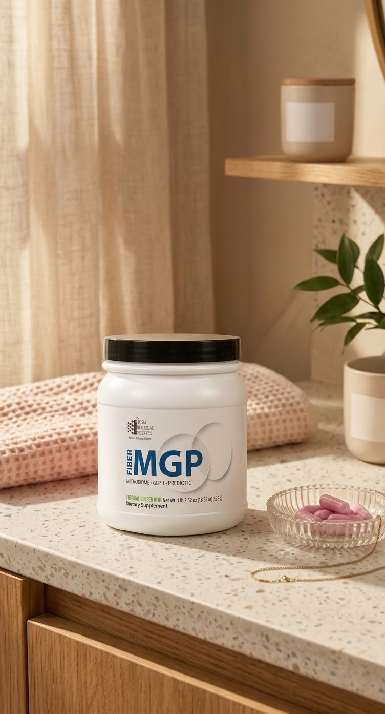Fiber MGP white powder jar on a stone countertop in warm natural light