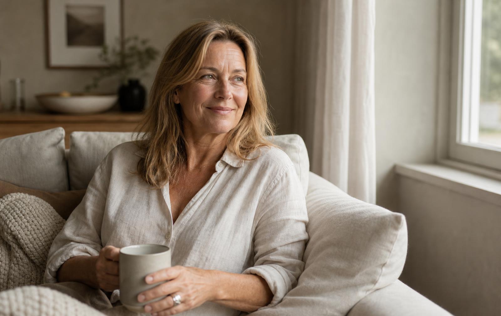 Woman in midlife feeling calm and supported at home