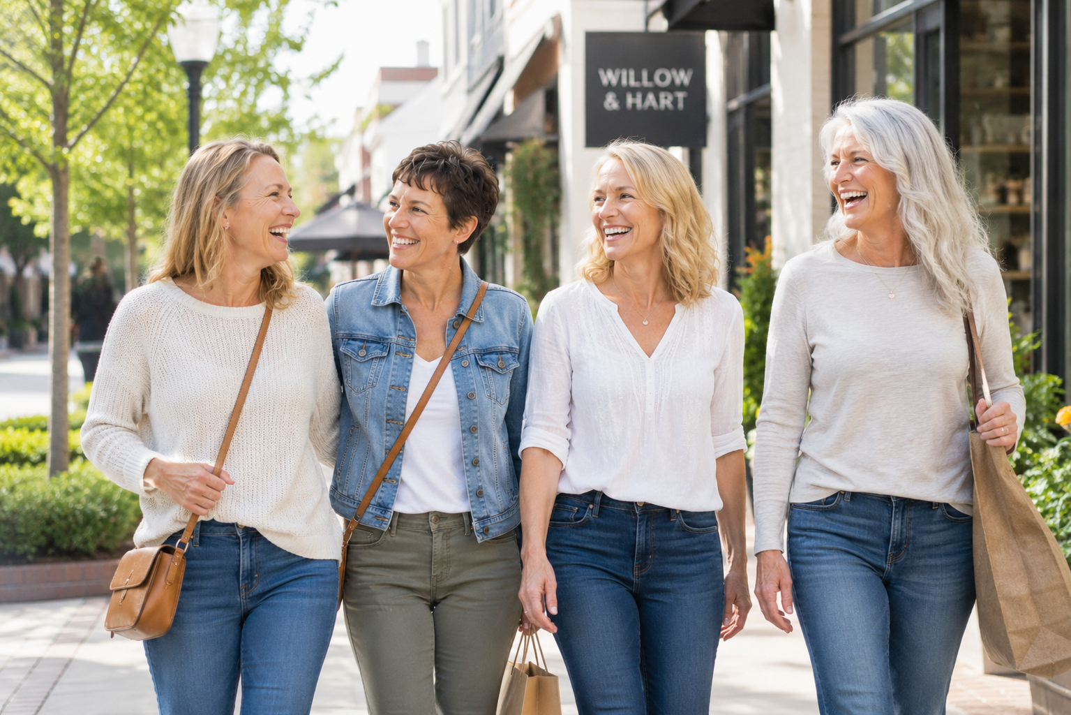 Four midlife women laughing together while walking through a sunny shopping district
